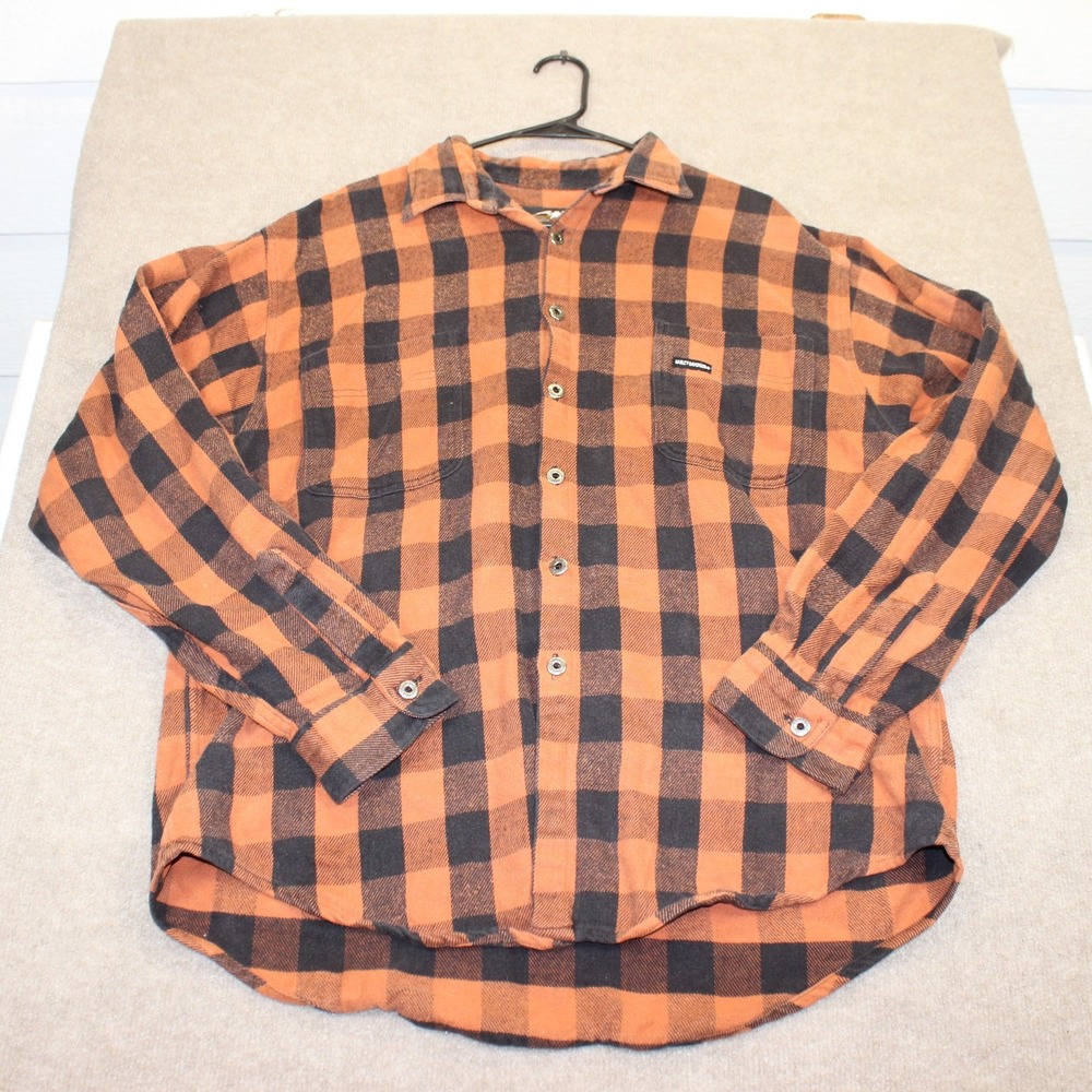 Harley-Davidson Mens XL Orange Black Buffalo Plaid Cotton Flannel Button Shirt